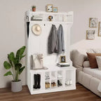 Appendiabiti multifunzionale, panca da ingresso con armadietto contenitore e 8 scomparti per scarpe, include mensola superiore e 6 ganci appendiabiti, design bianco