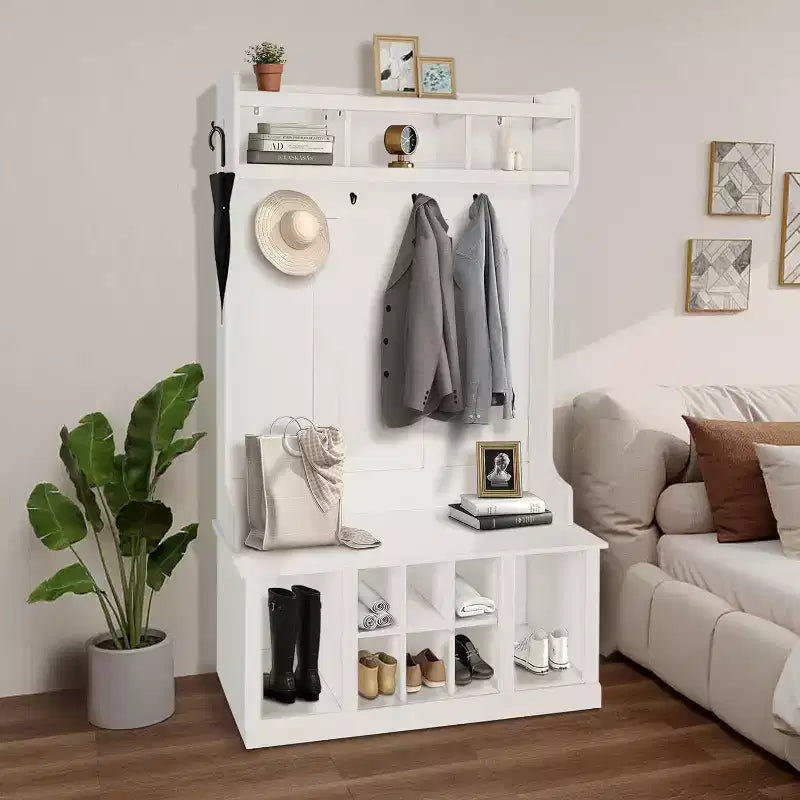 Appendiabiti multifunzionale, panca da ingresso con armadietto contenitore e 8 scomparti per scarpe, include mensola superiore e 6 ganci appendiabiti, design bianco