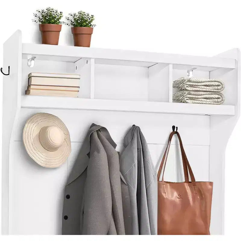 Appendiabiti multifunzionale, panca da ingresso con armadietto contenitore e 8 scomparti per scarpe, include mensola superiore e 6 ganci appendiabiti, design bianco