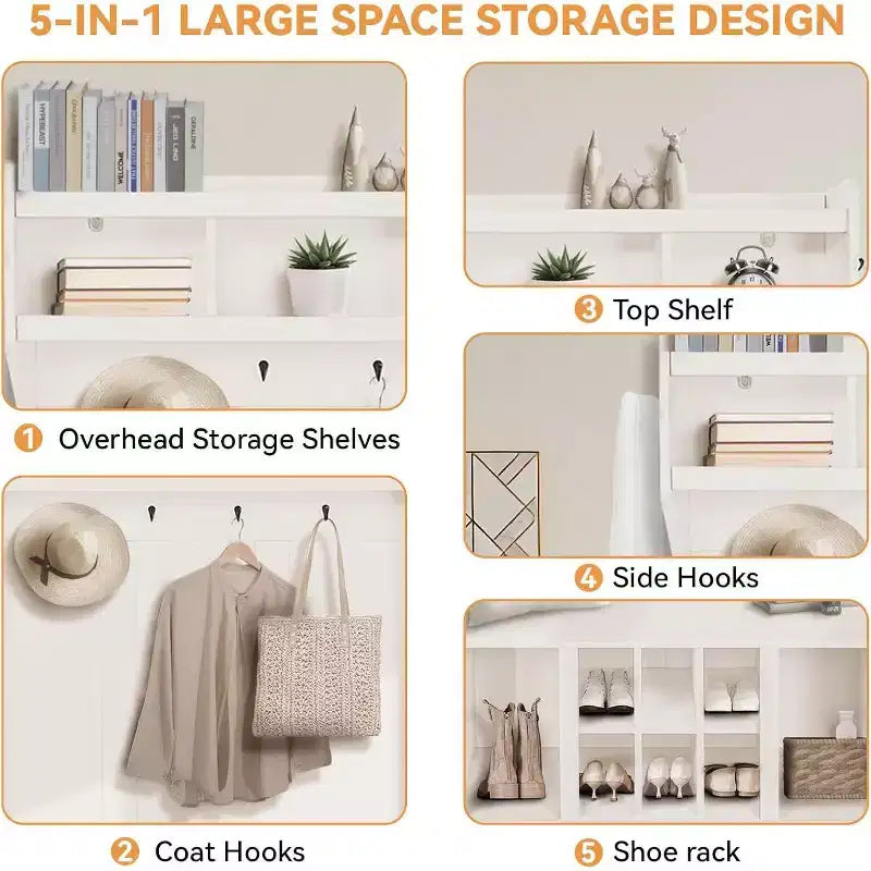 Appendiabiti multifunzionale, panca da ingresso con armadietto contenitore e 8 scomparti per scarpe, include mensola superiore e 6 ganci appendiabiti, design bianco