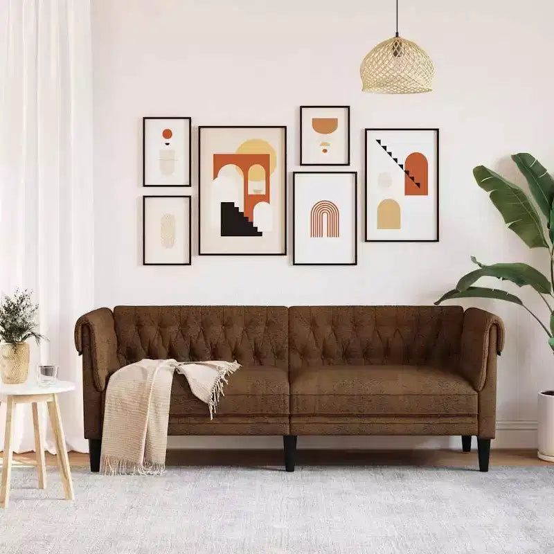 vidaXL Divano Chesterfield a 3 Posti - Poltrona Settee da Soggiorno Rivestita in Tessuto Marrone - Arredamento Elegante e Confortevole