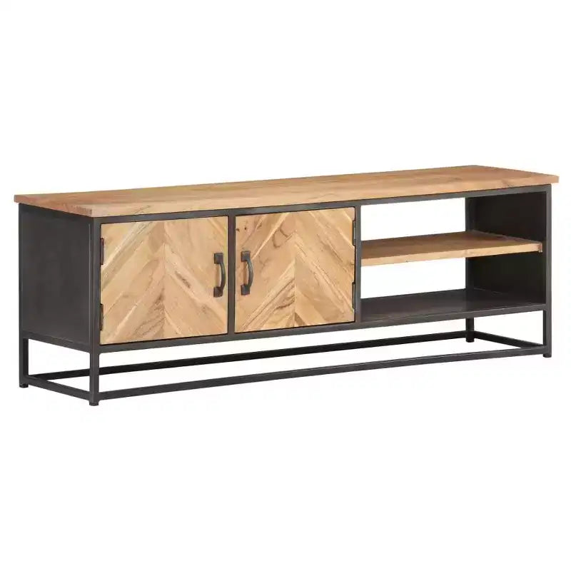 vidaXL Mobile TV in legno massello di acacia - Un mobile TV robusto ed elegante con ampio spazio di archiviazione, finitura in venature naturali del legno e una robusta base in acciaio