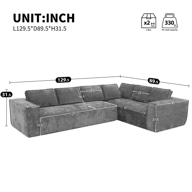 Divano componibile a L da 129,5'' con ciniglia antipiega, design a compressione senza telaio, divano componibile moderno a 6 posti per soggiorno