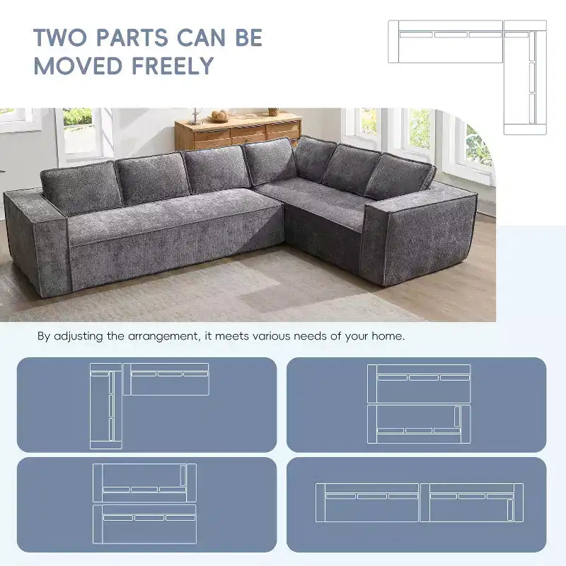 Divano componibile a L da 129,5'' con ciniglia antipiega, design a compressione senza telaio, divano componibile moderno a 6 posti per soggiorno