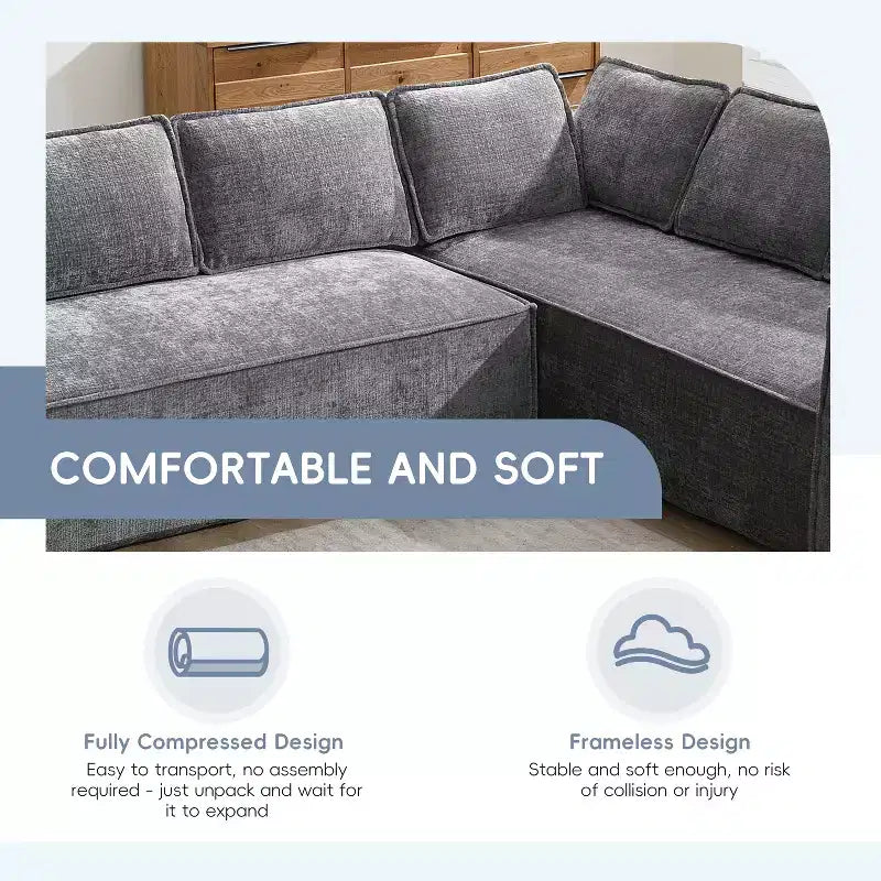 Divano componibile a L da 129,5'' con ciniglia antipiega, design a compressione senza telaio, divano componibile moderno a 6 posti per soggiorno