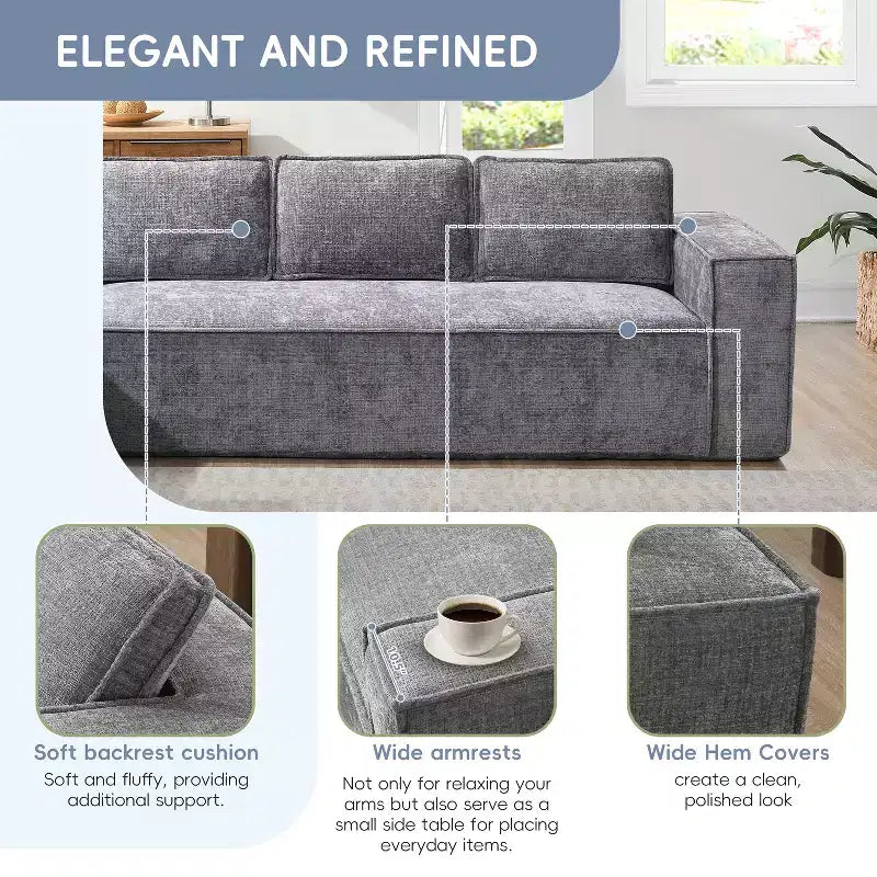 Divano componibile a L da 129,5'' con ciniglia antipiega, design a compressione senza telaio, divano componibile moderno a 6 posti per soggiorno