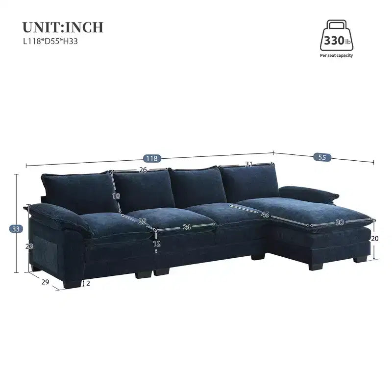 Divano componibile a L da 129,5'' con ciniglia antipiega, design a compressione senza telaio, divano componibile moderno a 6 posti per soggiorno