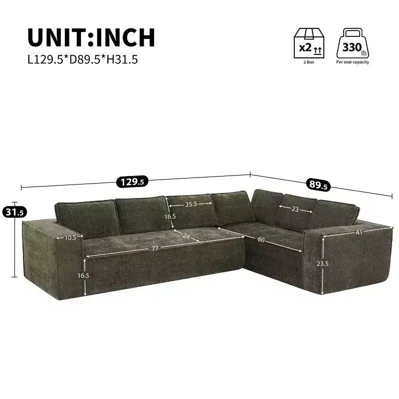 Divano componibile a L da 129,5'' con ciniglia antipiega, design a compressione senza telaio, divano componibile moderno a 6 posti per soggiorno