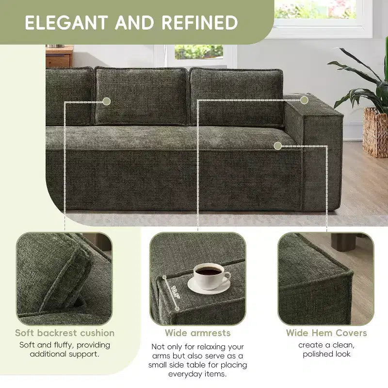 Divano componibile a L da 129,5'' con ciniglia antipiega, design a compressione senza telaio, divano componibile moderno a 6 posti per soggiorno
