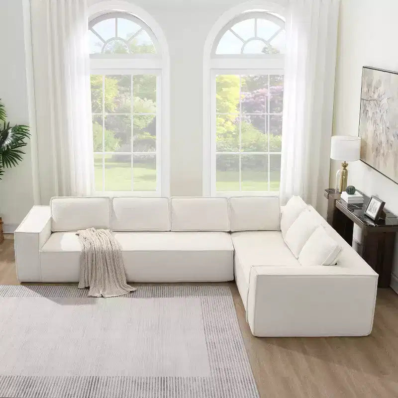 Divano componibile a L da 129,5'' con ciniglia antipiega, design a compressione senza telaio, divano componibile moderno a 6 posti per soggiorno