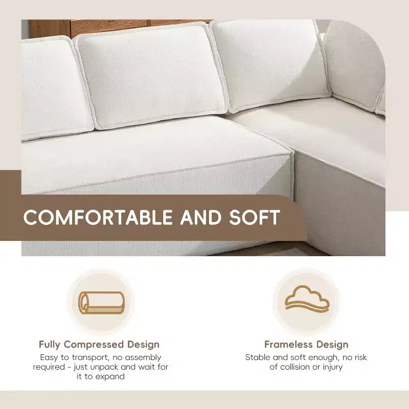 Divano componibile a L da 129,5'' con ciniglia antipiega, design a compressione senza telaio, divano componibile moderno a 6 posti per soggiorno