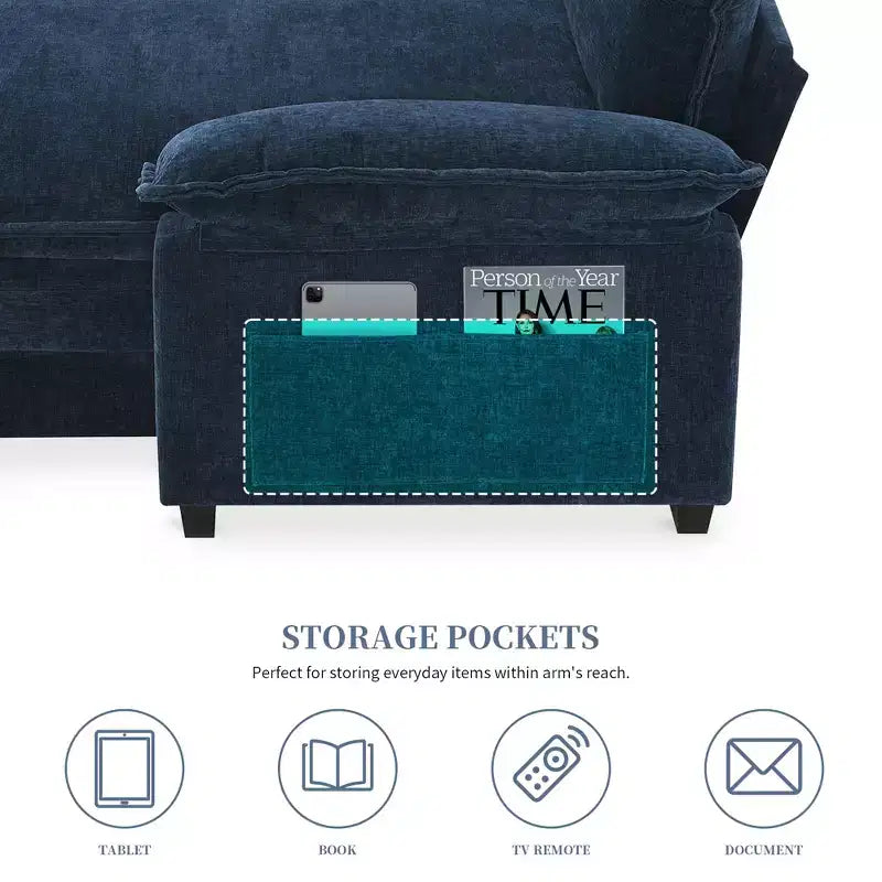Divano componibile a L da 129,5'' con ciniglia antipiega, design a compressione senza telaio, divano componibile moderno a 6 posti per soggiorno
