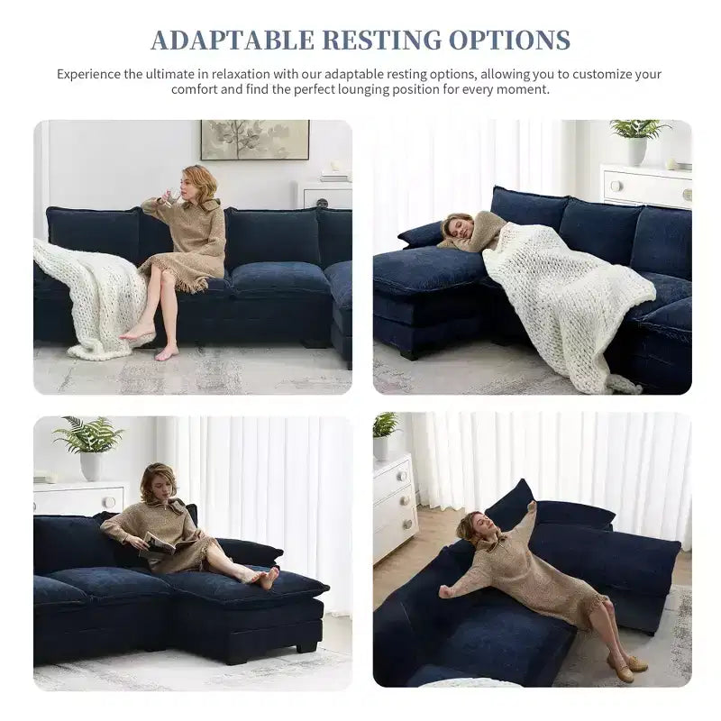 Divano componibile a L da 129,5'' con ciniglia antipiega, design a compressione senza telaio, divano componibile moderno a 6 posti per soggiorno
