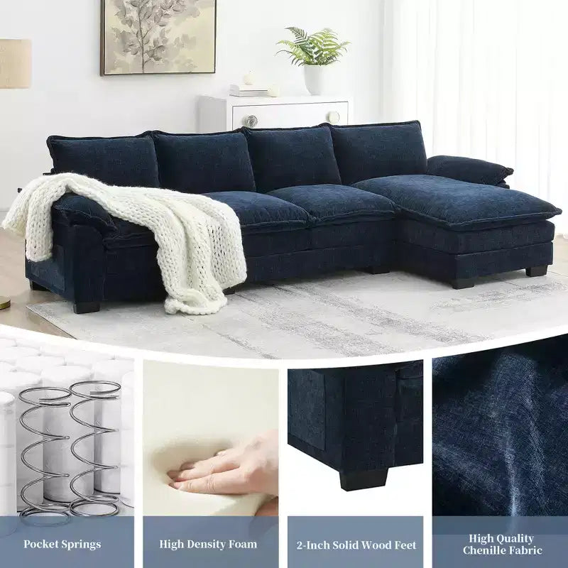 Divano componibile a L da 129,5'' con ciniglia antipiega, design a compressione senza telaio, divano componibile moderno a 6 posti per soggiorno