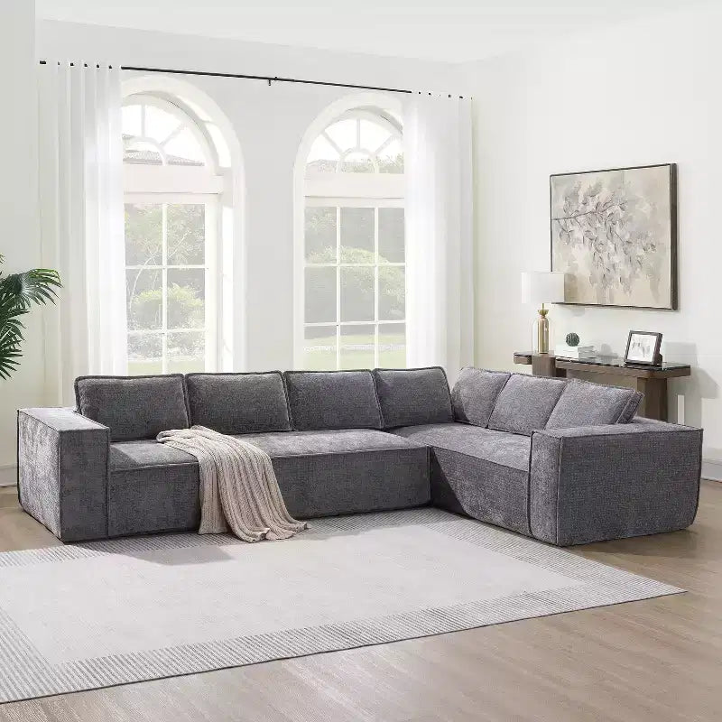 Divano componibile a L da 129,5'' con ciniglia antipiega, design a compressione senza telaio, divano componibile moderno a 6 posti per soggiorno