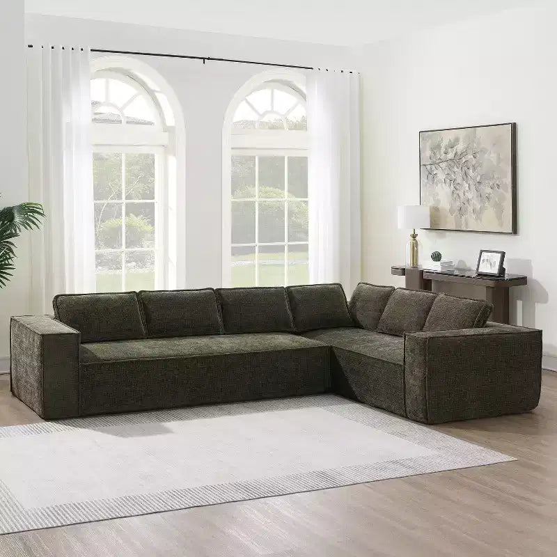 Divano componibile a L da 129,5'' con ciniglia antipiega, design a compressione senza telaio, divano componibile moderno a 6 posti per soggiorno