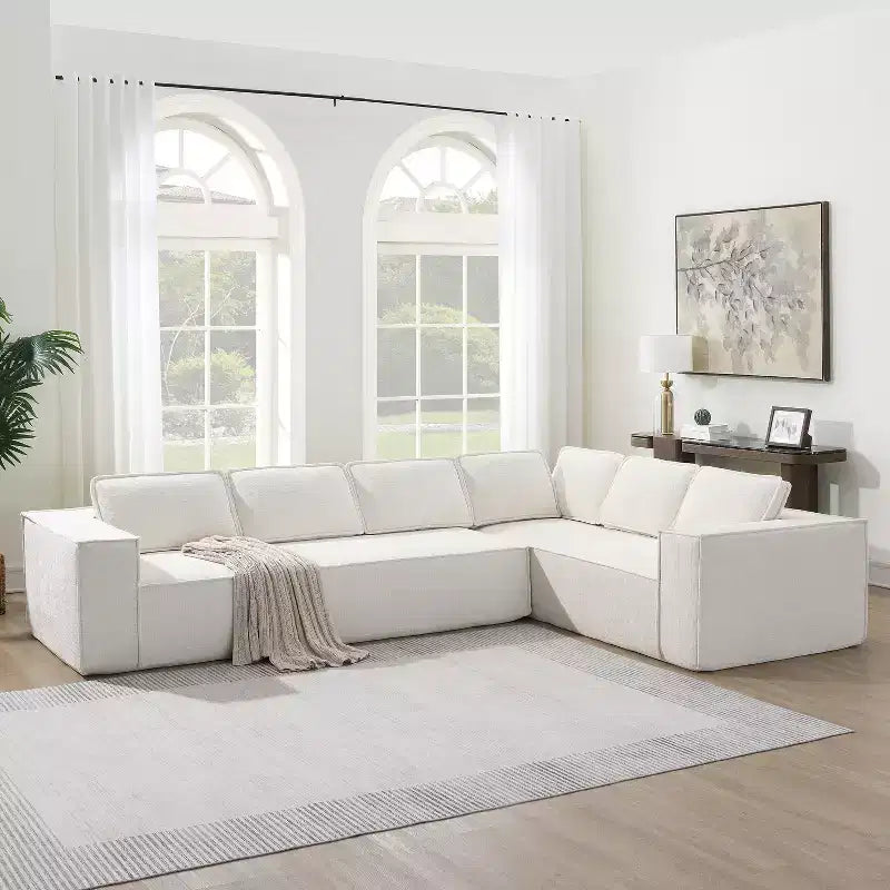 Divano componibile a L da 129,5'' con ciniglia antipiega, design a compressione senza telaio, divano componibile moderno a 6 posti per soggiorno
