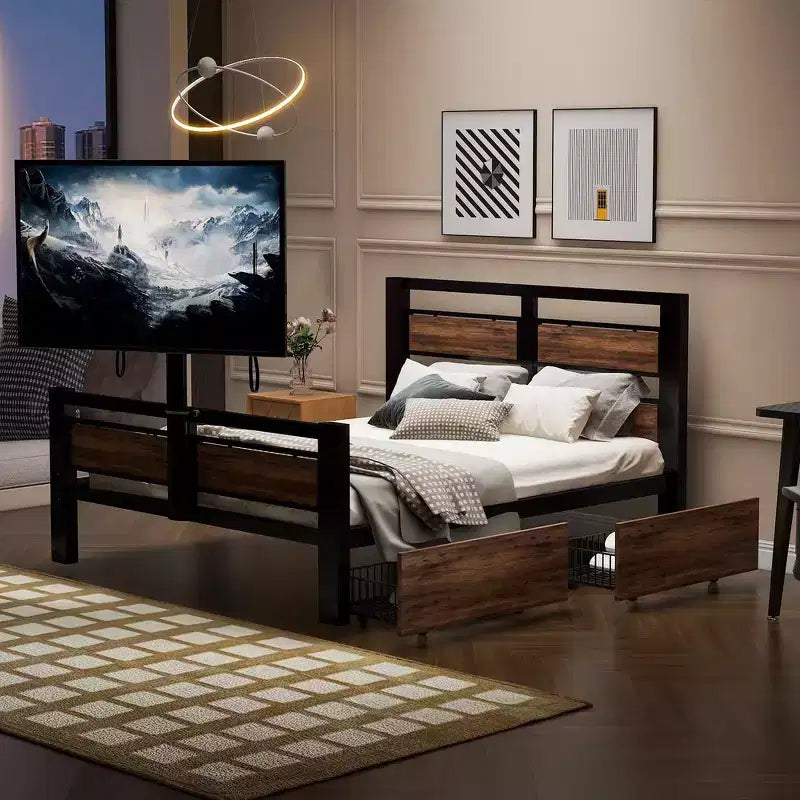 Whisen Metal Twin Size Platform Bed with Headboard, Footboard, Two Drawers and TV Stand - Black