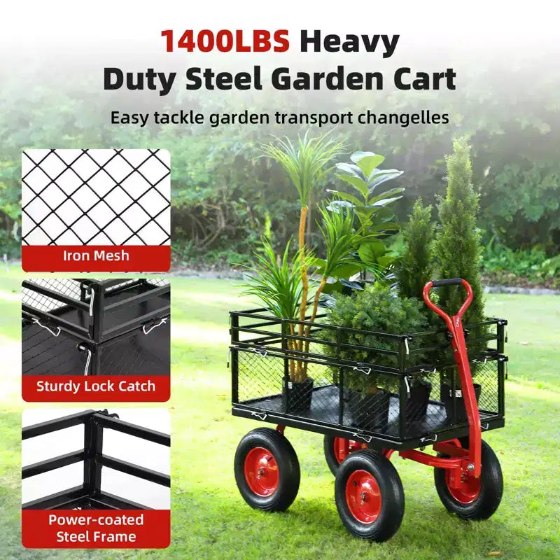 Carrello da Giardino in Acciaio, Carro da Giardino Multiuso in Metallo Resistente con Sponde a Rete Rimovibili, Maniglia Girevole 2-in-1 a 180° e Ruote da 16 Pollici, Utilità in Acciaio