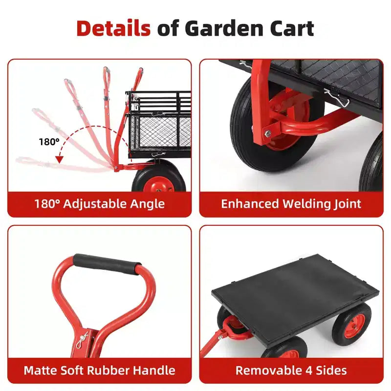 Carrello da Giardino in Acciaio, Carro da Giardino Multiuso in Metallo Resistente con Sponde a Rete Rimovibili, Maniglia Girevole 2-in-1 a 180° e Ruote da 16 Pollici, Utilità in Acciaio