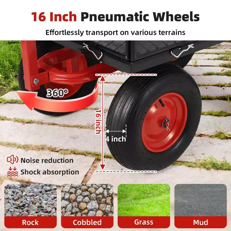 Carrello da Giardino in Acciaio, Carro da Giardino Multiuso in Metallo Resistente con Sponde a Rete Rimovibili, Maniglia Girevole 2-in-1 a 180° e Ruote da 16 Pollici, Utilità in Acciaio