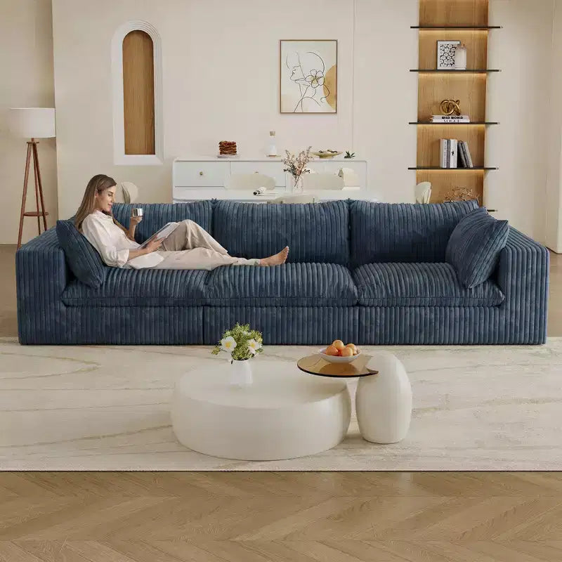 118.2 Divano in tessuto di velluto a coste blu profondo, divano Cloud per soggiorno, design a doppio strato, cuscino rimovibile, nessun assemblaggio