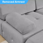 Divano sezionale in velluto a forma di L Mjkone, divano componibile a 4 posti con pouf, divani trasformabili con bordo borchiato