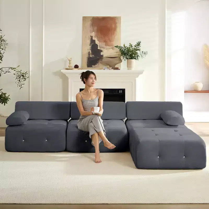 Mjkone Divano componibile a 3 posti a forma di L in velluto con pouf, divani trasformabili con bordo borchiato