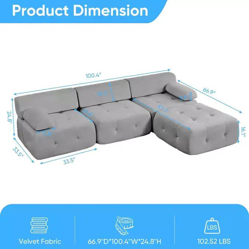 Mjkone Divano componibile a 3 posti a forma di L in velluto con pouf, divani trasformabili con bordo borchiato