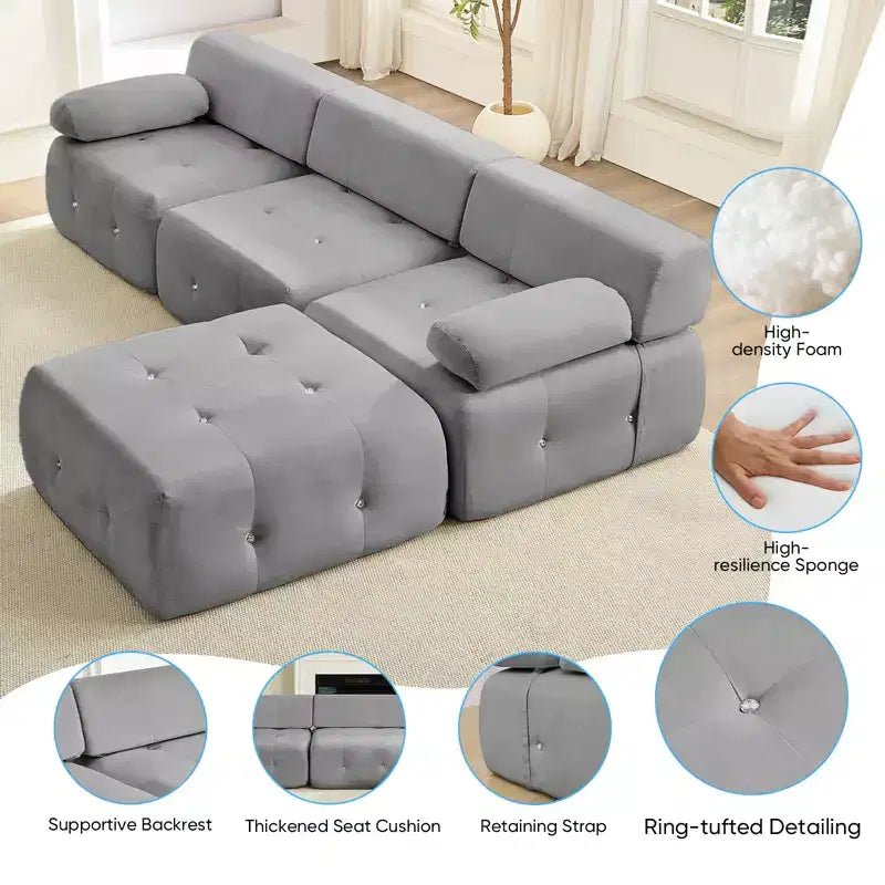 Mjkone Divano componibile a 3 posti a forma di L in velluto con pouf, divani trasformabili con bordo borchiato