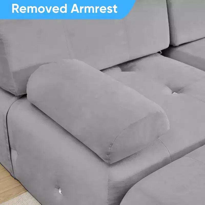 Mjkone Divano componibile a 3 posti a forma di L in velluto con pouf, divani trasformabili con bordo borchiato