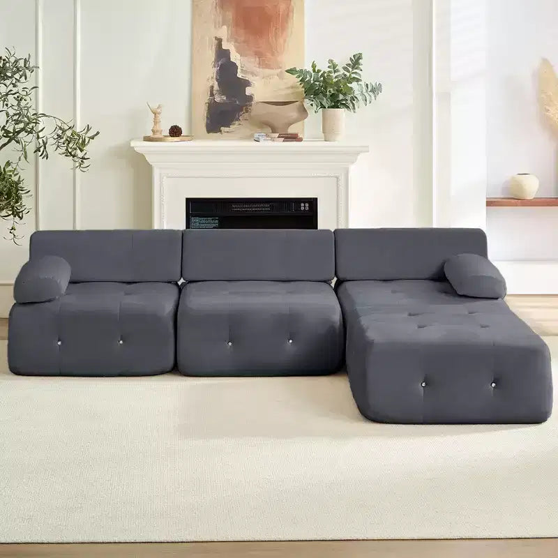 Mjkone Divano componibile a 3 posti a forma di L in velluto con pouf, divani trasformabili con bordo borchiato