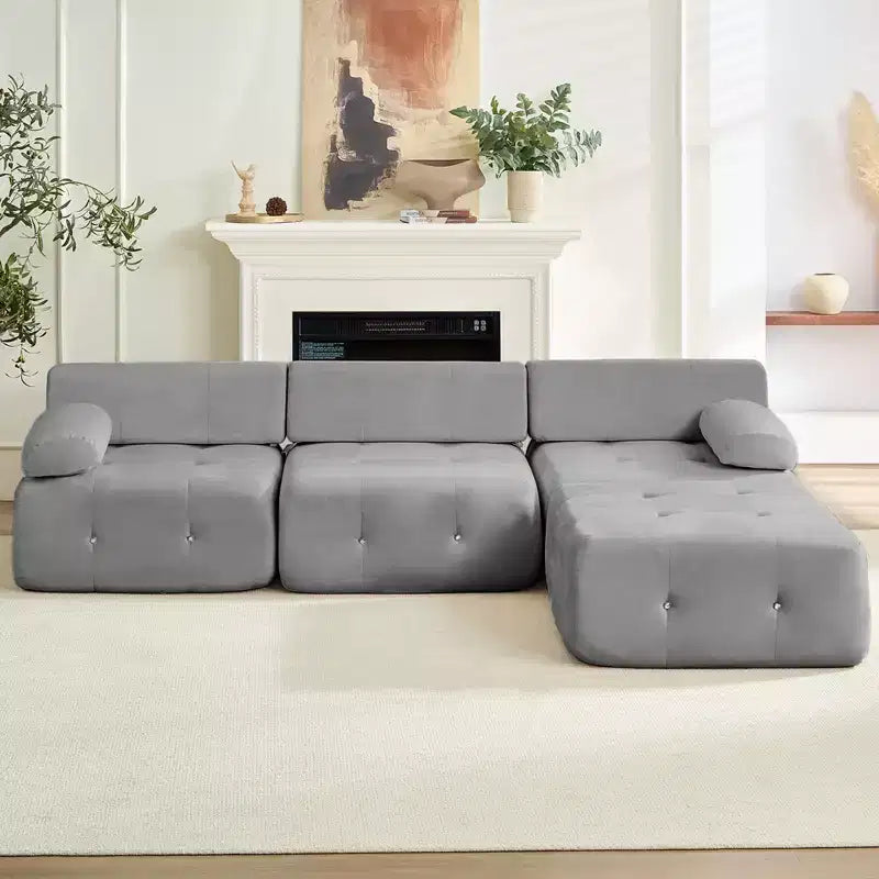 Mjkone Divano componibile a 3 posti a forma di L in velluto con pouf, divani trasformabili con bordo borchiato