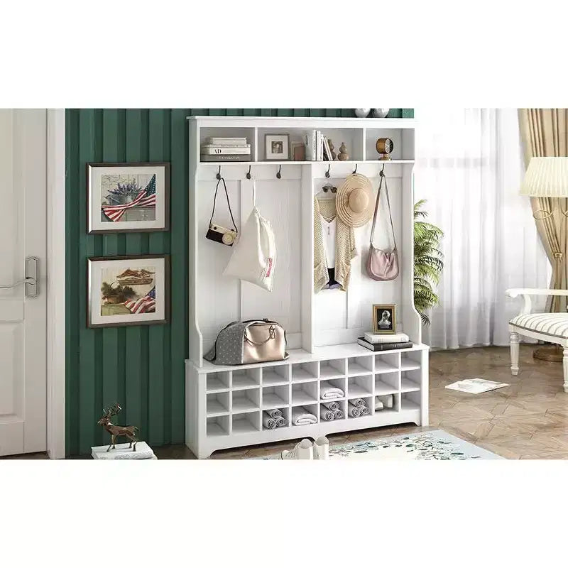 Appendiabiti salvaspazio da ingresso, appendiabiti da 152 cm con ganci in metallo e 24 scomparti per scarpe, panca da ingresso per l'organizzazione della casa