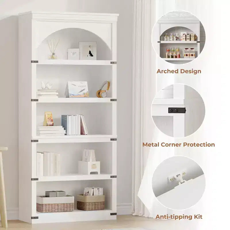 Libreria ad arco a 5 ripiani, libreria alta 174 cm, ripiano curvo in stile rustico, scaffali in legno per ufficio, soggiorno, colore legno