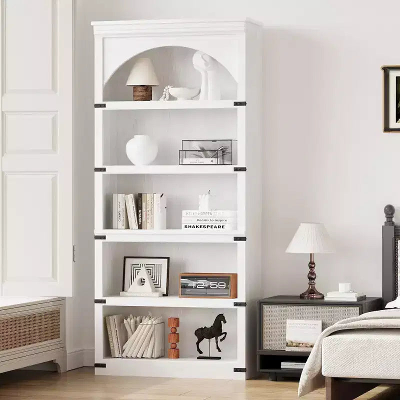 Libreria ad arco a 5 ripiani, libreria alta 174 cm, ripiano curvo in stile rustico, scaffali in legno per ufficio, soggiorno, colore legno