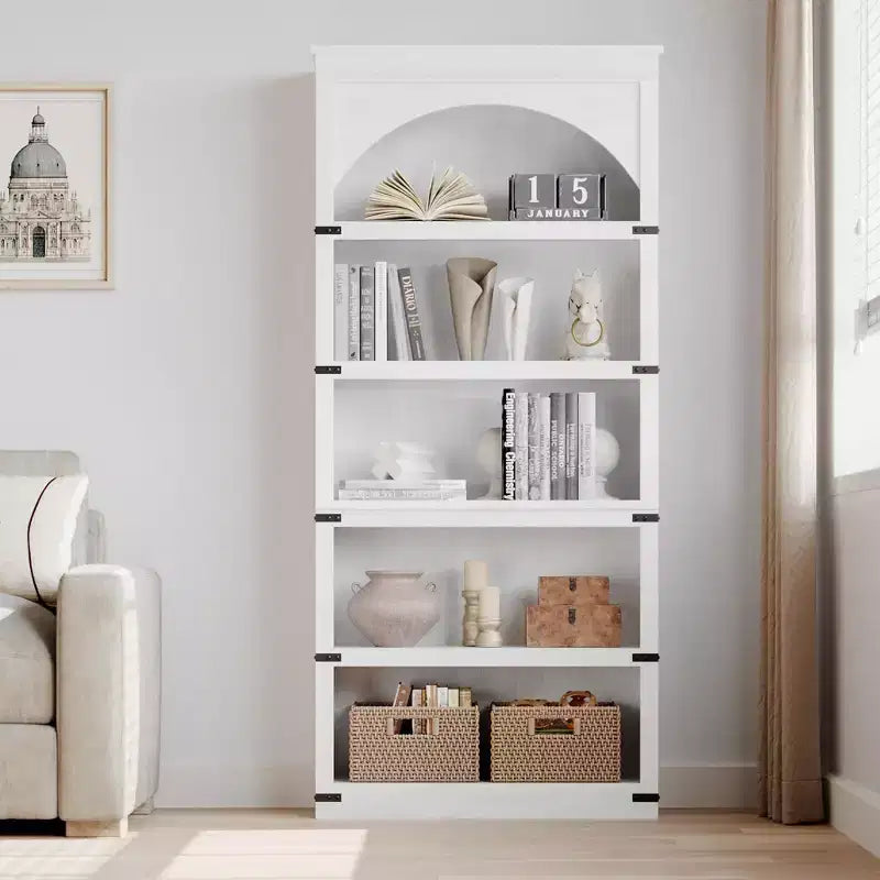 Libreria ad arco a 5 ripiani, libreria alta 174 cm, ripiano curvo in stile rustico, scaffali in legno per ufficio, soggiorno, colore legno