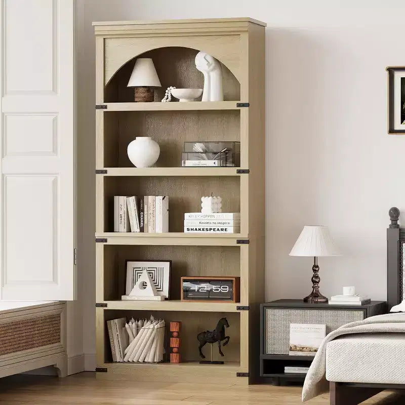 Libreria ad arco a 5 ripiani, libreria alta 174 cm, ripiano curvo in stile rustico, scaffali in legno per ufficio, soggiorno, colore legno