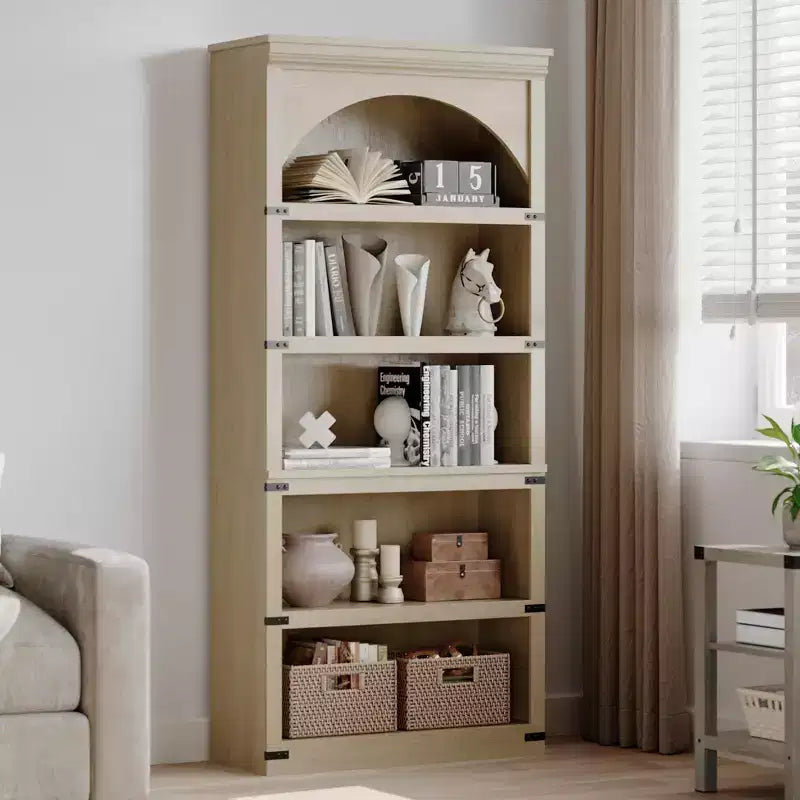 Libreria ad arco a 5 ripiani, libreria alta 174 cm, ripiano curvo in stile rustico, scaffali in legno per ufficio, soggiorno, colore legno