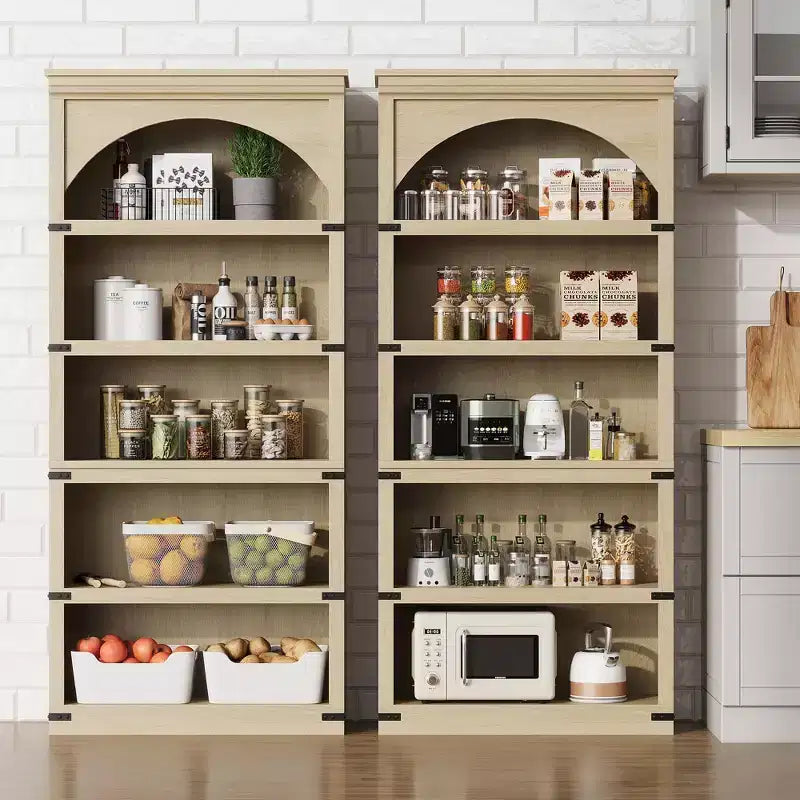 Libreria ad arco a 5 ripiani, libreria alta 174 cm, ripiano curvo in stile rustico, scaffali in legno per ufficio, soggiorno, colore legno