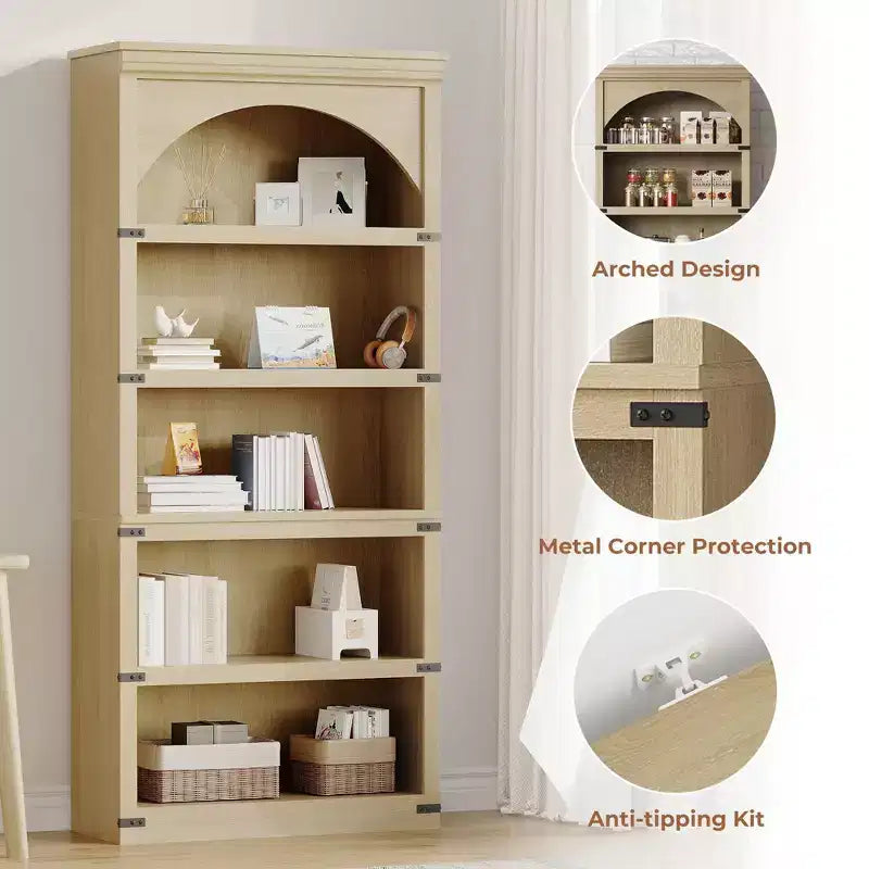 Libreria ad arco a 5 ripiani, libreria alta 174 cm, ripiano curvo in stile rustico, scaffali in legno per ufficio, soggiorno, colore legno