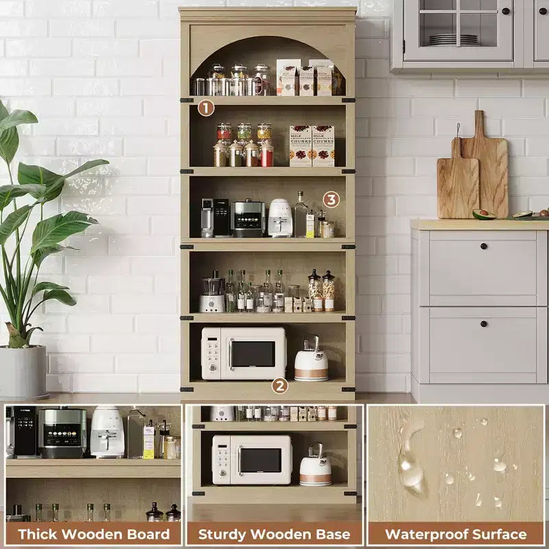 Libreria ad arco a 5 ripiani, libreria alta 174 cm, ripiano curvo in stile rustico, scaffali in legno per ufficio, soggiorno, colore legno