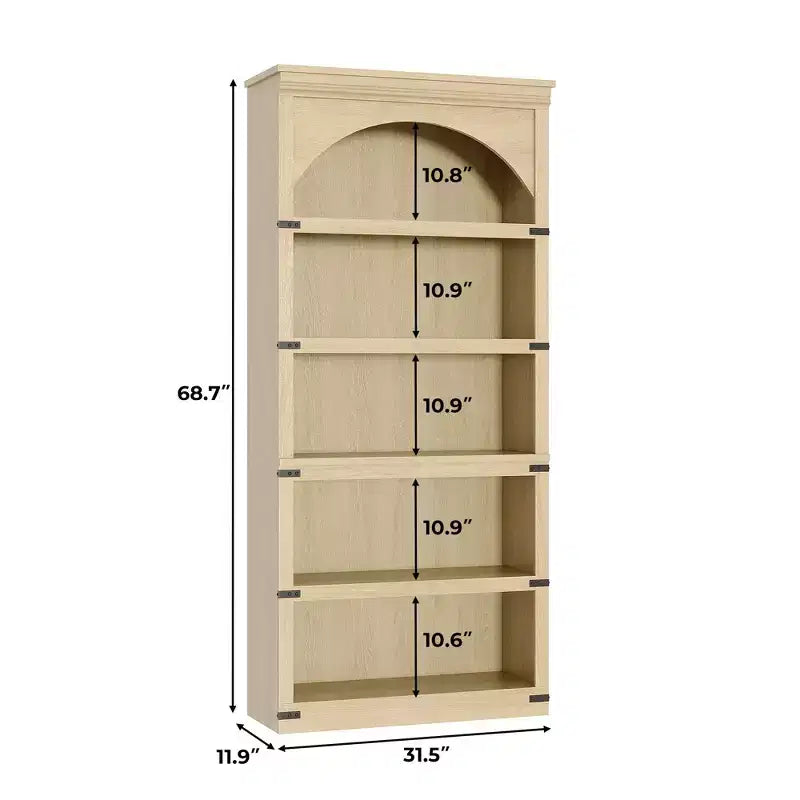 Libreria ad arco a 5 ripiani, libreria alta 174 cm, ripiano curvo in stile rustico, scaffali in legno per ufficio, soggiorno, colore legno