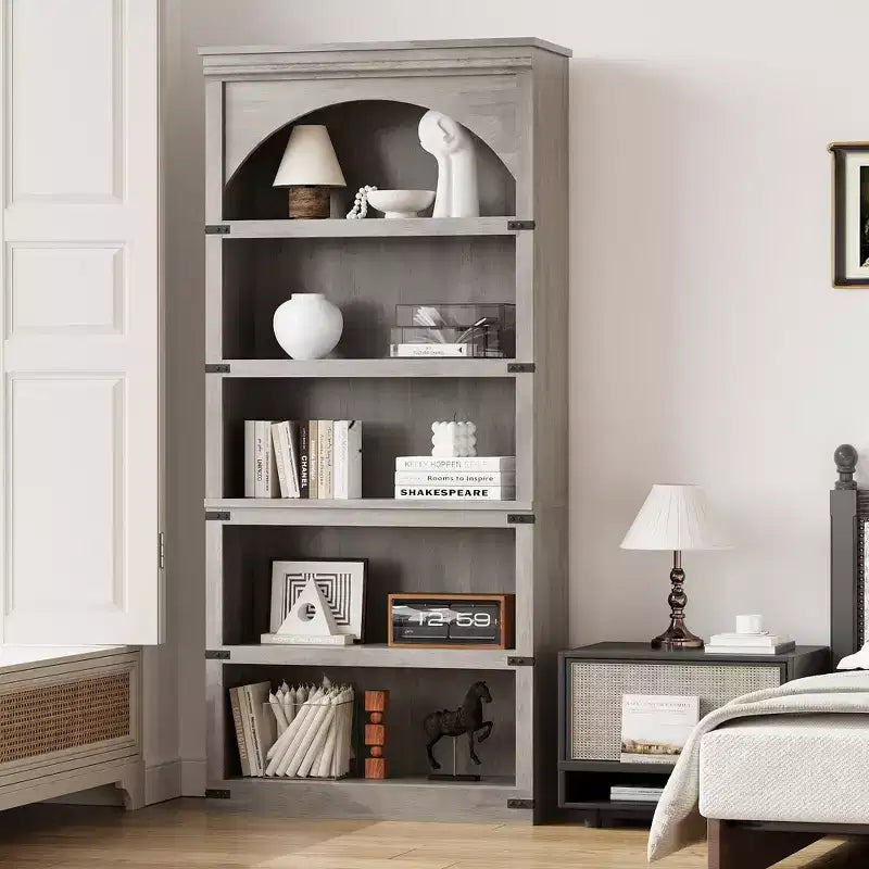 Libreria ad arco a 5 ripiani, libreria alta 174 cm, ripiano curvo in stile rustico, scaffali in legno per ufficio, soggiorno, colore legno