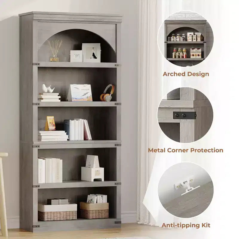 Libreria ad arco a 5 ripiani, libreria alta 174 cm, ripiano curvo in stile rustico, scaffali in legno per ufficio, soggiorno, colore legno