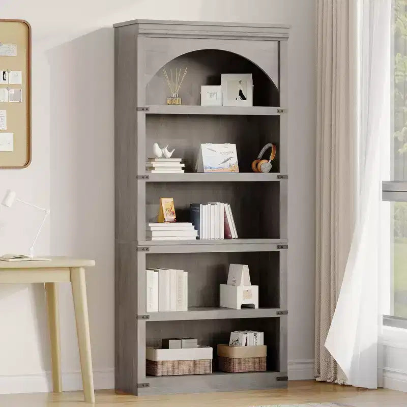 Libreria ad arco a 5 ripiani, libreria alta 174 cm, ripiano curvo in stile rustico, scaffali in legno per ufficio, soggiorno, colore legno