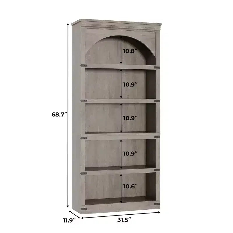Libreria ad arco a 5 ripiani, libreria alta 174 cm, ripiano curvo in stile rustico, scaffali in legno per ufficio, soggiorno, colore legno