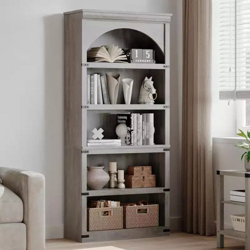 Arched Bookcase 5 Shelf Bookshelf 68.7 Tall Bookcase Farmhouse Curved Storage Rack Wooden Bookshelves for Home Office, Living Room,Wood Color