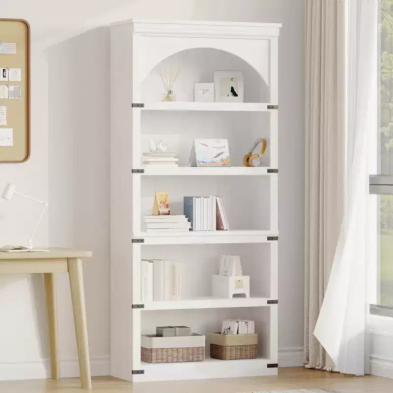Libreria ad arco a 5 ripiani, libreria alta 174 cm, ripiano curvo in stile rustico, scaffali in legno per ufficio, soggiorno, colore legno