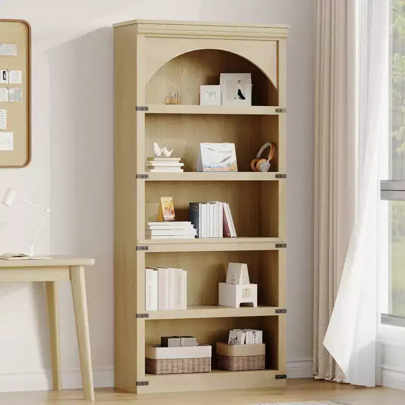 Libreria ad arco a 5 ripiani, libreria alta 174 cm, ripiano curvo in stile rustico, scaffali in legno per ufficio, soggiorno, colore legno
